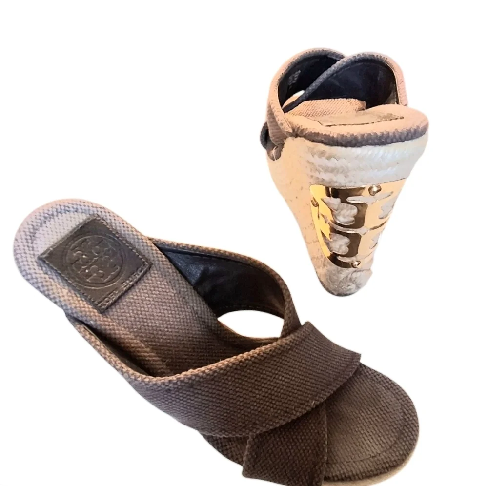 Tory Burch Kristin Espadrille Canvas Wedge Brown Slip-On Shoes  Women Size 8